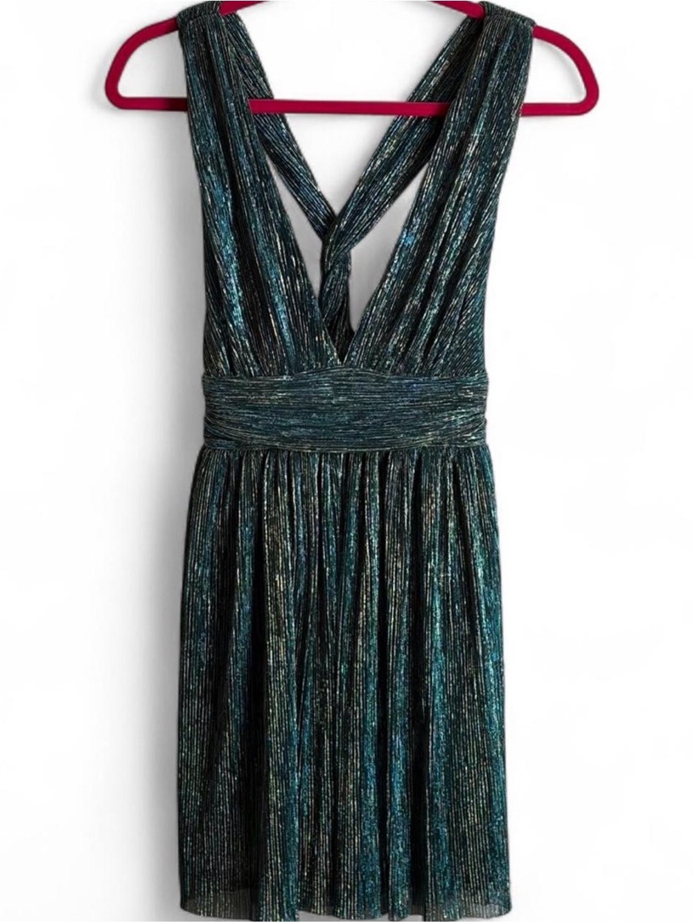 Lulus Teal Metallic Pleated Mini Dress Plunging V Neck XS